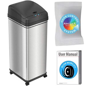 iTouchless Rolling 13 Gallon Sensor Trash Can with Wheels and Odor Control System, Stainless Steel, Automatic Kitchen Bin and Office Garbage, Batteries (not included) or AC Adapter (sold separately)