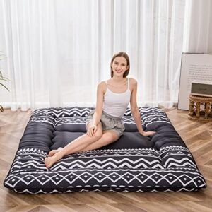 Japanese Floor Mattress Futon Mattress Thicken Sleeping Pad Roll Up Mattress Floor Lounger Bed Camping Mattress Guest Room Mattress Pad, Thick Soft and Comfortable, Black Stripe, Queen Size