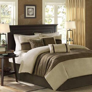 Madison Park Palmer Comforter Set - Faux Suede Design, Striped Accent, All Season Down Alternative Bedding, Matching Shams, Decorative Pillow, Bed Skirt, King (104 in x 92 in), Natural 7 Piece