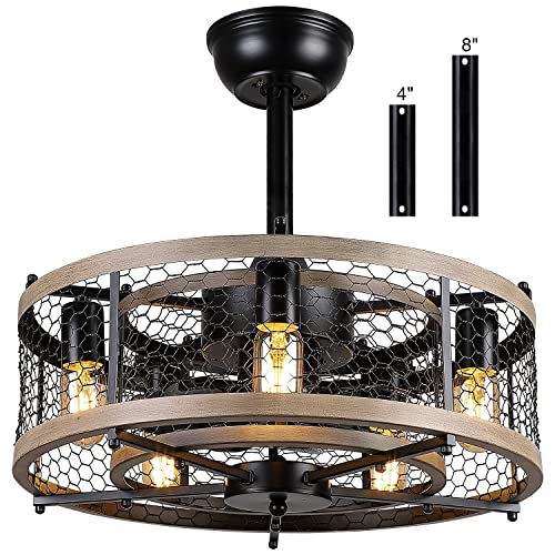 MADSHNE Caged Ceiling Fan with Lights Remote Control, 20'' Small Farmhouse Ceiling Fan with Light, Black Rustic Bladeless Ceiling Fan for Bedroom (Bulbs Included)