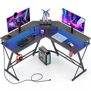 Mr IRONSTONE Gaming Desk with Led Lights ＆Power Outlet, L Shaped Computer Corner Desk with Cup Holder ＆ Headphone Hook, Carbon Fiber Home Office Desks with Large Monitor Stand, Graphite Black, 50''