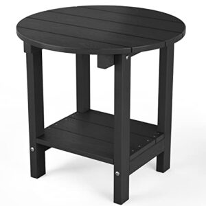 MXIMU Round Outdoor Side Table Adirondack Tables 18 Inch Chairside End Tables with Storage Shelf, 2-Tier Plastic Patio Side Table, Weather Resistant for Balcony Backyard Lawn (Black)