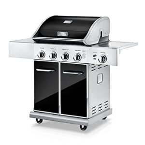 NutriChef Heavy-Duty 5-Burner Propane Gas Grill - Stainless Steel Grill, 4 Main Burner with 1 side burner, 52,000 BTU Grilling Capacity, Electronic Ignition System, Built-in Thermometer - NCGRIL2