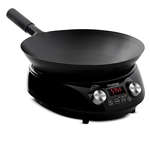 Nuwave Mosaic Induction Wok, Precise Temp Controls from 100°F to 575°F in 5°F, Wok Hei, Infuse Complex Charred Aroma & Flavor, 3 Wattages 600, 900 & 1500, Authentic 14-inch Carbon Steel Wok Included