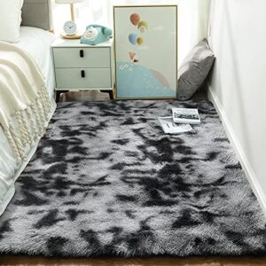 Ophanie Rugs for Bedroom, 4x5.3 Fluffy Shag Fuzzy Soft Carpet, Plush Shaggy Bedside Area Rug, Indoor Floor Living Room Carpet for Kids Boys Dorm Home Decor Aesthetic, Nursery Black and Grey