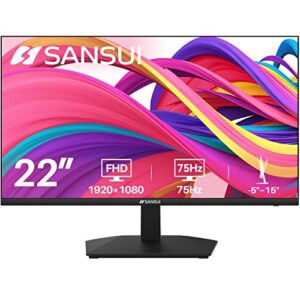 SANSUI Monitor 22 inch 1080p FHD 75Hz Computer Monitor with HDMI VGA, Ultra-Slim Bezel Ergonomic Tilt Eye Care LED Display for Home Office (ES-22F1 HDMI Cable Included)