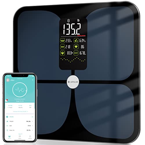 Scales for Body Weight and Fat, Lepulse Large Display Body Fat Scale, High Accurate Digital Bathroom Scale, BMI Smart Weight Scale with Body Fat Muscle Heart Rate, 15 Body Compositions with Trend