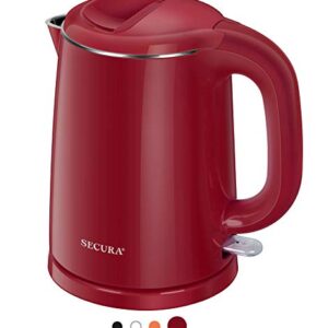 Secura Stainless Steel Double Wall Electric Kettle Water Heater for Tea Coffee w/Auto Shut-Off and Boil-Dry Protection, 1.0L (Red)