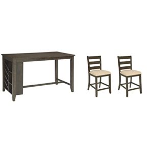 Signature Design by Ashley Rokane Counter Height Dining Room Table with Built in Wine Rack, Brown & Rokane Upholstered 24.75" Counter Height Bar Stool, Set of 2, Brown