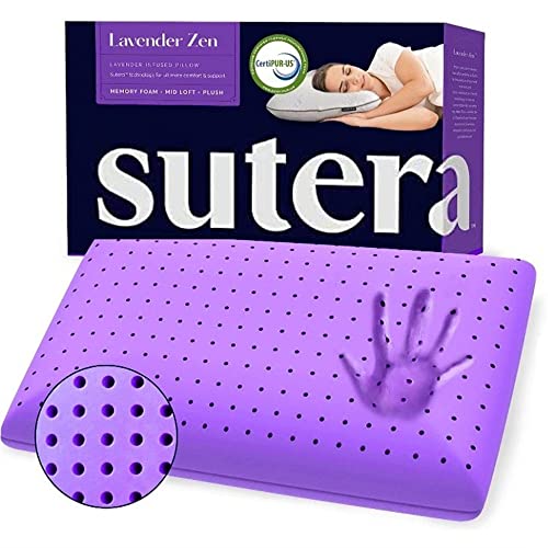 Sutera - Lavender Zen Memory Foam Pillow for Sleeping - Essential Lavender Oil Infused, Cooling Pillow with Neck, Shoulder and Back Support - Relaxing Pillow for Side, Back, Stomach Sleepers