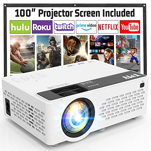 TMY Projector, Upgraded 8500 Lumens with 100" Projector Screen, 1080P Full HD Portable Projector, Mini Movie Projector Compatible with TV Stick Smartphone HDMI USB AV, for Home Cinema Outdoor Movies