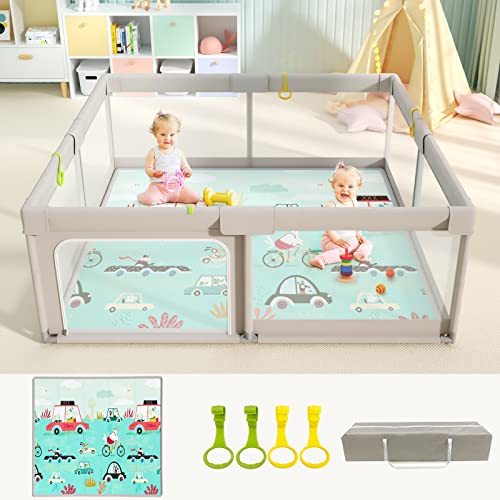 UANLAUO Baby Playpen with Mat, 59x59inch Playpen for Babies and Toddlers, Extra Large Baby Playpen,Kids Play Pen,Baby Fence,Big Playpen for Infants with Gate,Playard for Baby