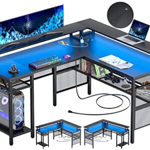 Unikito L Shaped Desk with LED Strip and Power Outlets, Reversible Corner Computer Desks with Monitor Stand and Storage Shelf, Modern L- Shaped Gaming Table, Home Office Desk with USB Ports, Black