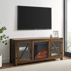 Walker Edison Farmhouse Barn Door Wood and Glass Fireplace TV Stand for TV's up to 64" Flat Screen Living Room Storage Cabinet Doors and Shelves Entertainment Center, 58 Inch, Rustic Oak