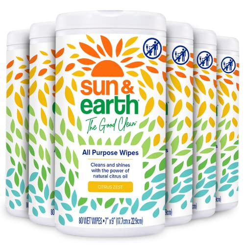 All Purpose Cleaner Wipes Bulk by Sun & Earth, 480 total wipes, Pack of 6, All Natural Citrus Scent, Plant Based Ingredients, Safe on all Household hard surfaces, No Phosphates, Parabens or Sulfates