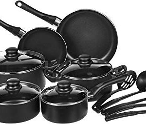 Amazon Basics Non-Stick Cookware Set, Pots, Pans and Utensils - 15-Piece Set