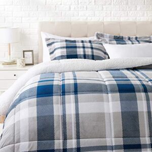 Amazon Basics Ultra-Soft Micromink Sherpa Comforter Bed Set - Navy Plaid, King