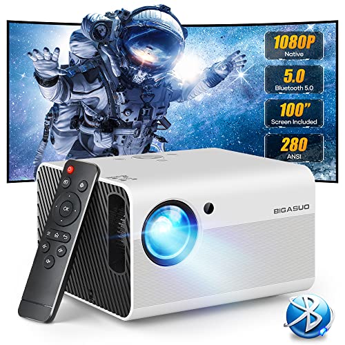 BIGASUO Outdoor Movie Projector Bluetooth 5.0 - Native 1080P Projectors with Digital Zoom&HiFi Stereo, 280ANSI Home Portable Proyector Compatible HDMI,USB,AV,TV[100''Screen Included]