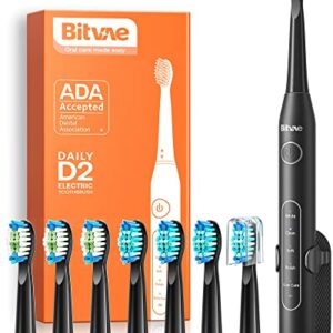 Bitvae Ultrasonic Electric Toothbrushes - Electric Toothbrush for Adults and Kids, American Dental Association Accepted, Rechargeable Travel Sonic Toothbrush with 8 Heads, Black D2