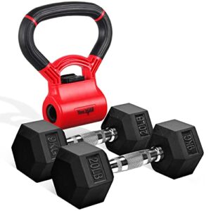 Combo Kettle Grip (Single) + Rubber Hex Dumbbell (Pair) - 20lbs - Red