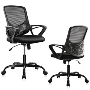 Desk Chair - Office Chair Computer Chair with Wheels Ergonomic Home Office Chair with Lumbar Support and Fixed Armrests, Mid Back Mesh Chair Rolling Swivel Chair，Black