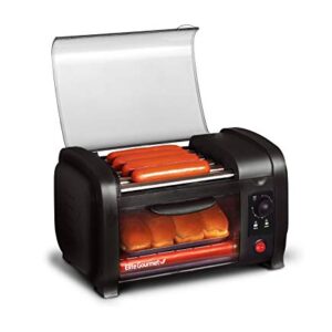 Elite Cuisine EHD-051B Hot Dog Toaster Oven, 30-Min Timer, Stainless Steel Heat Rollers Bake & Crumb Tray, World Series Baseball, 4 Bun Capacity, Black