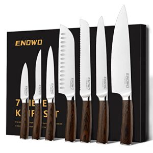 enowo Chef Knife Set, 7 Pcs Sharp Kitchen Knife Set with Widened Blade & Wooden Handle, 7 Piece High Carbon Stainless Steel Knives Set for Kitchen