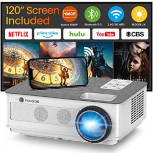 FANGOR 1080P Projector 5G WiFi and Bluetooth, 16000L 450ANSI Outdoor Projectors 4K Support, Home Movie Proyector Compatible with TV, PC, HDMI, USB, VGA, iOS/Android[120''Screen Included]