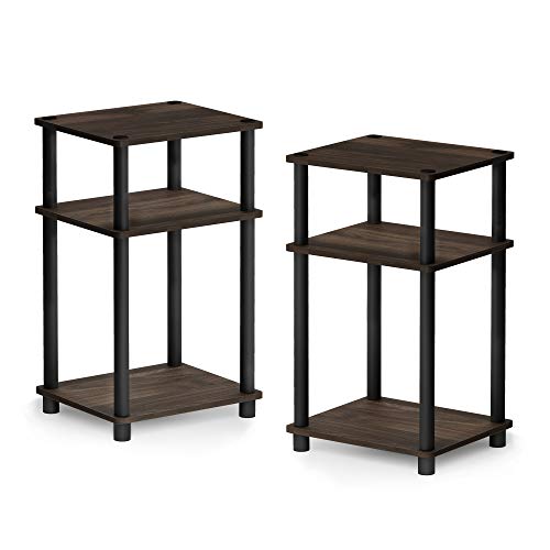 Furinno Just 3-Tier Turn-N-Tube End Table / Side Table / Night Stand / Bedside Table with Plastic Poles, 2-Pack, Columbia Walnut/Black