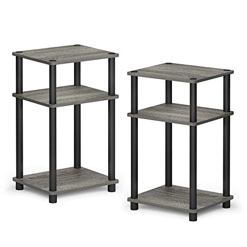 Furinno Just 3-Tier Turn-N-Tube End Table / Side Table / Night Stand / Bedside Table with Plastic Poles, 2-Pack, French Oak Grey/Black