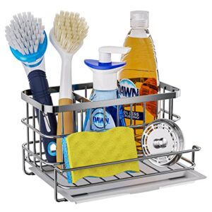 HapiRm Sponge Holder Kitchen Sink Caddy Organizer, Sponge Dish Brush Soap Dispenser Holder with Drain Tray for Countertop, SUS304 Stainless Steel Rustproof Sink Rack - Silver