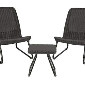 Keter Rio 3 Piece Resin Wicker Patio Furniture Set with Side Table and Outdoor Chairs, Dark Grey