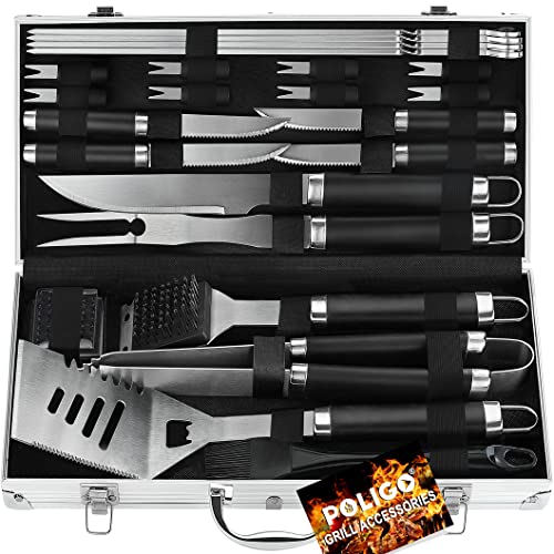 POLIGO 24PCS Grill Tools Set BBQ Accessories for Outdoor Grill Utensils Stainless Steel Grilling Tools Set for Father's Day Birthday Presents, Barbecue Accessories Kit Ideal Grilling Gifts for Men Dad