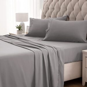 SLEEP ZONE Super Soft Cooling Queen Bed Sheets Set 4 Piece - Easy Care Fitted Flat Sheet & Pillowcase Sets - Wrinkle Free, Fade Resistant, Deep Pocket 16" (Gull Gray, Queen)