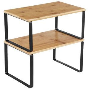 SONGMICS Cabinet Organizer Shelf, Set of 2 Kitchen Counter Shelves, Kitchen Storage, Stackable, Expandable, Metal and Engineered Wood, Black and Natural KCS02NB