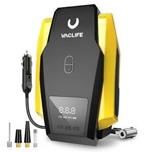 VacLife Tire Inflator Portable Air Compressor - Air Pump for Car Tires (up to 50 PSI), 12V DC Tire Pump for Bikes (up to 150 PSI) w/ LED Light, Digital Pressure Gauge, Model: ATJ-1166, Yellow (VL701)