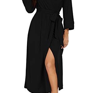 VINTATRE Women Kimono Robes Long Knit Bathrobe Lightweight Soft Knit Sleepwear V-neck Casual Ladies Loungewear Black-Small