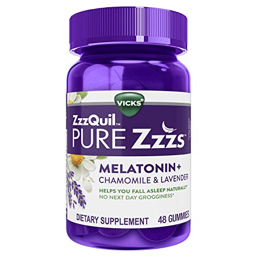 ZzzQuil PURE Zzzs, Melatonin Sleep Aid Gummies with Lavender, Valerian Root and Chamomile, Natural Wildberry Vanilla Flavor, Non-Habit Forming, Drug-Free, 48 Count