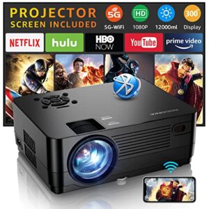 5G WiFi Bluetooth Native 1080P Projector[Projector Screen Included], Roconia 12000LM Full HD Movie Projector, 300" Display Support 4k Home Theater,Compatible with iOS/Android/XBox/PS4/TV Stick/HDMI