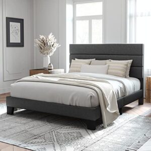 Allewie Full Size Platform Bed Frame with Fabric Upholstered Headboard and Wooden Slats Support, Fully Upholstered Mattress Foundation/No Box Spring Needed/Easy Assembly, Dark Grey