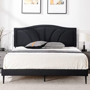 AsKmore Queen Size Bed Frame Velvet Upholstered Platform Bed with Decorative Line & Nailhead Trim Headboard with Wood Slat Support,No Box Spring Needed，Easy Assembly, Black