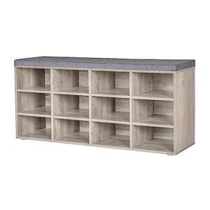 DINZI LVJ Shoe Storage Bench with Cushion, Cubby Shoe Rack with 12 Cubbies, Adjustable Shelves, Multifunctional Shoe Organizer Bench for Entryway, Mudroom, Hallway, Closet and Garage, Greige