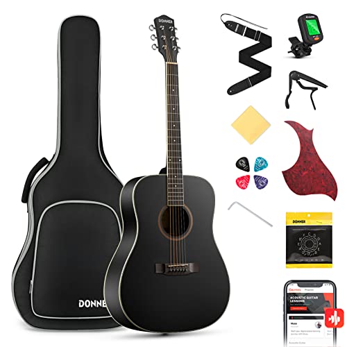 Donner Black Acoustic Guitar for Beginner Adult with Free Online Lesson Full Size Dreadnought Acustica Guitarra Bundle Kit with Bag Strap Tuner Capo Pickguard Pick, Right Hand 41 Inch, DAG-1B/DAD-160D