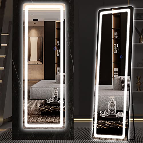 Hasipu Full Length Mirror with Lights, 56" x 16" Lighted Floor Standing LED Mirror Full Length, Full Body Mirror w/Dimming & 3 Color Lighting Black