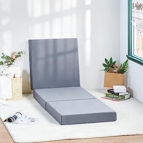 Olee Sleep Tri-Folding Memory Foam Topper, 4 inch, Grey, Narrow Twin, Play Mat, Foldable bed, Guest bed, Portable bed