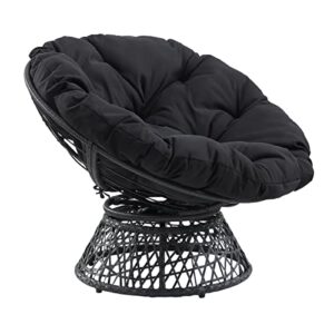 OSP Home Furnishings Wicker Papasan Chair with 360-Degree Swivel, 40” W x 36” D x 35.25” H, Grey Frame with Black Cushion