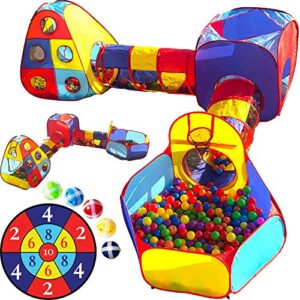 Playz 5pc Kids Playhouse Jungle Gym Ball Pit with Dart Board & 5 Sticky Balls - Fold Up Pop Up Tents, Tunnels & Basketball Pit Play Center for Boys, Girls, Baby, Toddlers w/Travel Zipper Storage Bag