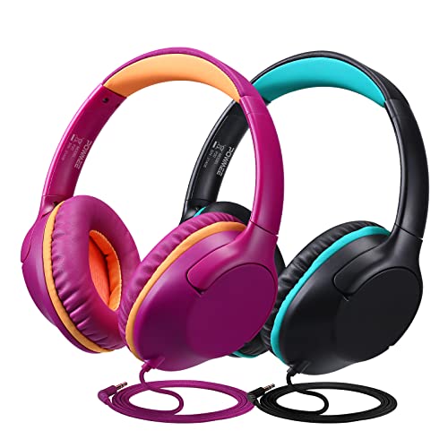 POWMEE [2PACK] Kids Headphones Over-Ear Headphones for Kids/Teens/School with 94dB Volume Limited Adjustable Stereo 3.5MM Jack Wire Cord for Fire Tablets/Travel/PC/Phones(Purple&Black)
