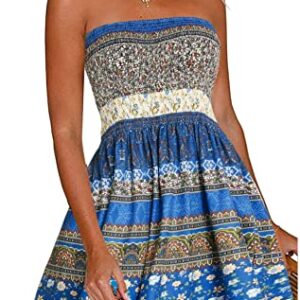 Women’s Summer Dresses Beach Cover ups Casual Vocation Strapless Boho Floral Swing Sundress (Flower Blue,L)