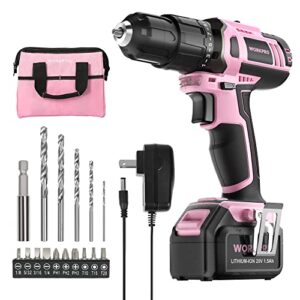 WORKPRO Pink Cordless 20V Lithium-ion Drill Driver Set, 1 Battery, Charger and Storage Bag Included - Pink Ribbon